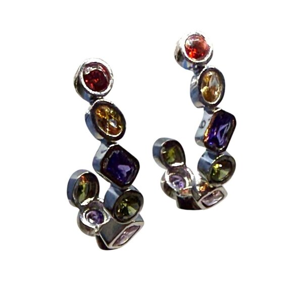 Multi Color Crystal Silver Toned Curved Hoop Earrings - Picture 1 of 5
